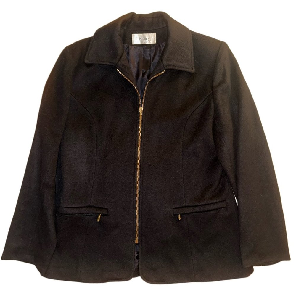 Vintage 90s J. Hilary Black Wool Blend Zip Front Jacket Coat Size 14 Made in USA